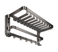 Toallero, montado en la pared con 5 ganchos, estante de almacenamiento plegable para baño, diseño de ahorro de espacio para apartamentos pequeños, acero al carbono inoxidable y aluminio, gris o blanco