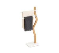 Toallero Relaxdays, (H x B x T): 86 x 37 x 18 cm, Metal, Madera, 2 Varillas, toallero de pie, baño, Blanco/Natural