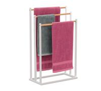 Toallero Relaxdays, HxBxT: 76 x 45 x 21,5 cm, Metal, bambú, 3 Varillas, toallero de pie, baño, Blanco/Natural