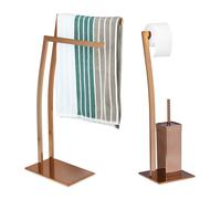 Relaxdays Set Escobillero Portarrollos y Toallero de Pie Rectangular WIMEDO, 2 Unidades, Acero Inoxidable, Cobre