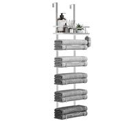 Toalleros colgantes para baño, sin taladro, organizador de almacenamiento de toallas de baño sobre la puerta, soporte vertical para toallas enrolladas, caravana, ideas de baño pequeñas, color plateado