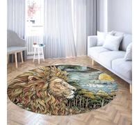 TOANGWALL Abstracto Rey León Round Alfombrilla 100cm vitral Paisaje Redondo Resistente Manchas Plegable Pelo bajo Fino Dormitorio Oficina Amarillo Azul Alfombra