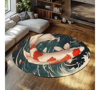 TOANGWALL Alfombra 150cm Redonda Ukiyo E Alfombrilla Circulares Antideslizantes de pez Koi Great Wave Lavable a máquina Ilustración Tradicional Retro Plegable Pelo bajo y Fino Manta para salón