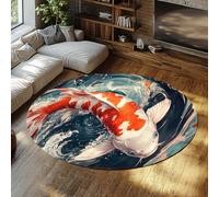 TOANGWALL Alfombra 170cm Redonda oceánica Alfombrilla Circulares Antideslizantes de pez koi ondulante Lavable a máquina Ilustración estética grandiosa Tapete Plegable Pelo bajo y Fina Manta para