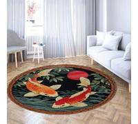 TOANGWALL Alfombra 180cm Redonda Grande de pez koi japonés s Antideslizante a máquina Alfombrilla Oficina en casa Lavable Tapete Bordado Rojo al Sol Circulares Fina Plegable para Dormitorio la