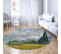 TOANGWALL Alfombra Redonda de 150 cm Campo de Trigo con Estampado de cipreses Lavable Antideslizante Pelo bajo Plegable No se desprende Alfombra Circular para Dormitorio Terraza Patio