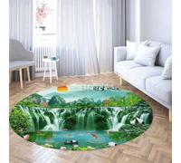 TOANGWALL Alfombra Redonda Feng Shui Decor 160cm Cascada Good Luck Koi Brings Wealth Print Low Pile Plegable Non Shedding Throw Circle Carpet para Dormitorio
