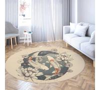 TOANGWALL Alfombra Redonda Japonesa Estilo Ukiyo-e 110cm Good Luck Koi Fish Lotus Alfombra de círculo Interior Antideslizante Lavable de Pelo bajo para gabinete baño Sala de Juegos