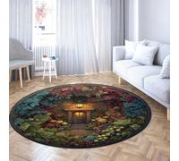 TOANGWALL Alfombras Circulares de cabaña Fantasy Forest 160cm Gran Alfombrilla Antideslizante Lavable Puerta de jardín místico salón guardarropa balcón Plegable Pelo bajo Fino