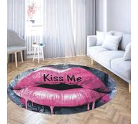 TOANGWALL Alfombras Redondas Pop Art 130cm Patrón Pink Lips Kiss Me Alfombra Circular Fina y Antideslizante Lavable y Plegable para el salón del Estudio
