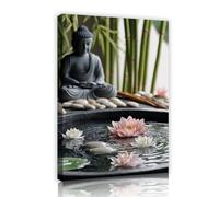 TOANGWALL Arte mural de Buda Zen con Loto Rosa y Bambú Verde Paisaje Sereno de Agua Estampado de Meditación Enmarcado Amplio para la Decoración Moderna del Hogar 50x75cm