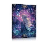 TOANGWALL Arte mural de fantasía de lobo grabados mágicos en lienzo póster del cielo estrellado mural moderno enmarcado pintura mística de chica para decoración del salón 65x80cm