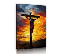 TOANGWALL Arte mural de lienzo con cruz dorada con cruce del atardecer silueta de figura mural religioso cartel de pintura pop art para decoración del salón 70x100cm