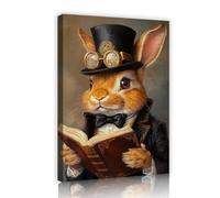 TOANGWALL Arte mural de lienzo de conejo de estilo victoriano Vestido con sombrero de copa y traje Libro de lectura Retrato de animales Mural Pintura de póster para decoración de oficina 30x45cm