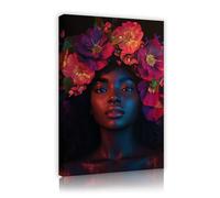 TOANGWALL Arte mural de lienzo de estilo oscuro coronas de flores coloridas mural retratos de mujeres negras africanas grabados para decorar porches 60x90cm