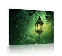 TOANGWALL Arte mural de lienzo del Ramadán Linterna verde colgada de ramas de árboles Escena mágica nocturna del bosque póster mural pinturas para decorar dormitorios 85x100cm