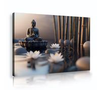 TOANGWALL Arte mural enmarcado en lienzo zen de Buda loto blanco y bambú Paisajes de agua Estampado de piedras para decoración de baño Decoración moderna de paredes 50x75cm