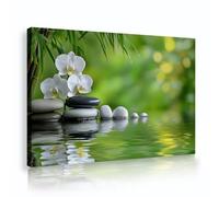 TOANGWALL Arte mural moderno de orquídea zen enmarcado con flor blanca de bambú verde reflejo en agua con estampado equilibrado para decoración del hogar en baño de spa 50x75cm