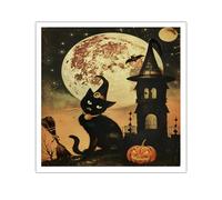 TOANGWALL Arte pared en lienzo gato Halloween Bruja Impresiones estéticas Imágenes la casa la luna Ilustración arte calabaza Póster Pintura para lavandería Decoración del hogar 80x80cm Sin marco