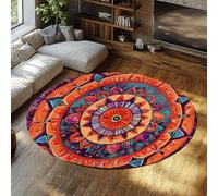 TOANGWALL Boho Acuarela Naranja Mandala Flor 110cm Alfombra Redonda para Oficina casa exótica Lavable a máquina con Alfombrilla Antideslizante y tapete Plegable para apartamento