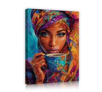 TOANGWALL Colorido lienzo de mujer africana Mural de pintura sosteniendo tazas de café Impresiones de arte Pósteres enmarcados bohemios Pintura para decoración del salón 65x80cm
