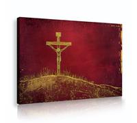 TOANGWALL Cruz dorada sobre lienzo de colina Arte mural de fondo rojo intenso Mural retro minimalista religioso Grabados de pintura para decoración de la lavandería 60x90cm