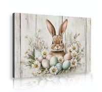 TOANGWALL Cuadro rústico de lienzo de conejo con fondo de madera blanca Arte de pared Póster de huevos de Pascua en pastel Ilustración floral shabby chic para decoración del dormitorio 60x90cm