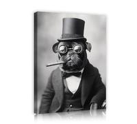 TOANGWALL Divertidas impresiones murales de lienzo de carlino gafas de perro enmarcadas sombrero de copa retratos de estilo noble victoriano retro en blanco y negro para decoración de cuevas 70x85cm