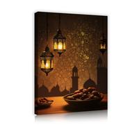 TOANGWALL Faroles dorados colgantes del Ramadán en lienzo arte mural de pared siluetas arquitectónicas murales con patrón islámico pinturas de carteles para decorar el salón 50x60cm