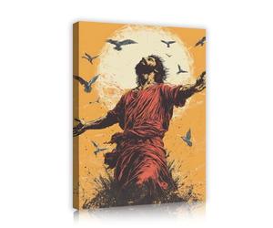 TOANGWALL Figura de estilo pop art con estampado en lienzo mirando al sol con pájaros grabado en madera decoración gráfica de pared para oficina en casa biblioteca del estudio mural 70x85cm