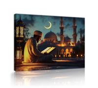 TOANGWALL Hombre leyendo Dibujo de la pared en lienzo luna estrellas colgando faroles oración mural tradicional cálido y cartel pinturas para decorar el salón 70x85cm