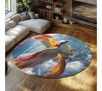 TOANGWALL Mythology Phoenix Round Alfombrilla 140cm 3D Anime pájaro Redondo Lavable Antideslizante Pelo bajo Fino Dormitorio Sala Naranja Azul Alfombra