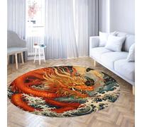 TOANGWALL Mythology Red Dragon Round Tapete 240cm Ola Ukiyo E Redondo Grande Plegable Resistente Manchas Sala Dormitorio Oficina casa Rojo Azul Alfombra