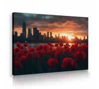 TOANGWALL Skyline de la ciudad con campo de flores silvestres rojas en lienzo dorado Estética estética de cielo vespertino naturaleza urbana Arte mural para decoración del salón 40x60cm