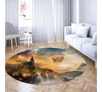 TOANGWALL Surreal Fantasy Landscape Round Tapete 240cm 3D Cascada Reloj Redondo Lavable Antideslizante Pelo bajo Fino Aula Cocina baño Dorado Azul Alfombra