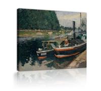 TOANGWALL Tranquilo Río Barcazas Lienzo Arte Pared Oficina Camille Pissarro Barcazas en Pontoise Pintura Famosa Impresiones Enmarcadas para Pasillo Decoración 50x60cm