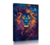 TOANGWALL Vibrante y colorido arte mural de león galaxia Estampado de lienzo espacial de animales Mural moderno enmarcado en púrpura naranja onírico Póster enmarcado para la entrada 70x100cm