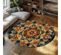 TOANGWALL Vintage Azul Marino Naranja Mandala medallón 90cm Alfombra Redonda para Dormitorio rústica Lavable con Alfombrilla Caucho y tapete Suave para recibidor