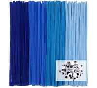 TOAOB 100 Piezas Limpiador de Pipas 4 Colores Azules Diferentes Chenilla de Pipas Largo 30 cm x 6 mm Línea Chenilla y Autoadhesivos Ojos Móviles para Decoración de Bricolaje