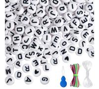 TOAOB 1000 Cuentas Letras de Blancas 4 x 7 mm Alfabeto Acrílico Plano Redondo Negras Letra Bead con Línea Elástico para Pulseras Collares Bisutería