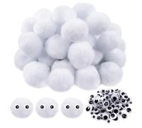 TOAOB 50 Piezas Pompones Grandes de Blanco Esponjosas de Aproximadamente 5 cm Bolas de Fieltro Pompones y 100 Ojos Móviles Negros Para Decoraciones Manualidades Creativas y Decoraciones Bricolaje