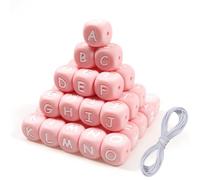Toaob - 52 cuentas con letras de silicona para pulseras, 12 mm, rosa y blanco, cubo grandes alfabeto, perlas y 2 m de hilo para collares, bisutería, joyas, manualidades, teléfonos, cadenas y llaveros