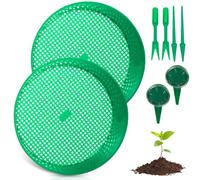TOATELU Juego de 2 coladores redondos de jardín de color verde con picador de plántulas y semilleros, colador de herramientas de jardín, colador de piedra y tierra para tierra y compost