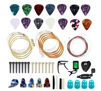 TOATELU Juego de accesorios para guitarra: 3 cuerdas para guitarra, 16 púas de guitarra, 5 púas de dedos, 2 juegos de pinzas de plástico y conos de cuerda, juego de herramientas de reparación, incluye