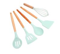 TOBBOMEY 5 piezas Utensilios de Silicona para Cocina con Mango de Madera Espátula y Batidor Antiadherente Resistentes al Calor Diseño Ahorrador de Espacio para Menaje Doméstico