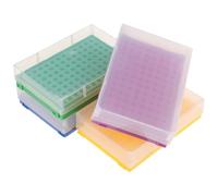 TOBBOMEY Caja para Tubos de Microcentrífuga Pcr de 96 Pozos 02 Ml Soporte de Polipropileno Set de 4 Unidades en Amarillo Verde Azul y Morado Adecuado para Almacenamiento y