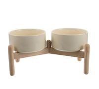 TOBBOMEY Juego de Cuencos Elevados para Perros con Soporte de Madera, de Cerámica, de 6,1 Pulgadas Y 850 Ml, para Comida Y Agua de Razas Pequeñas, con Peso Y Soporte Antideslizante.