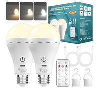 TobeBright Bombilla Recargable con Mando a Distancia, E27 10W Bombilla LED con Control Táctil, 3 Temperaturas de Color, 10-100% Regulable Led Lámpara de Camping de Emergencia con Gancho, 2 Piezas