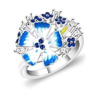 Tobestu Anillo de Loto Azul con Cristales - Joyería Floral Plateada - Anillos Apilables Boho CZ y Estilo Art Deco YB4671