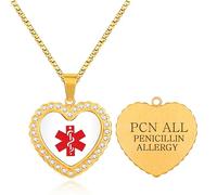 Tobestu Collar de Identificación Médica para Alergia a la Penicilina - Colgante en Forma de Corazón para Mujer con Cadena Chapada en Oro YA5221
